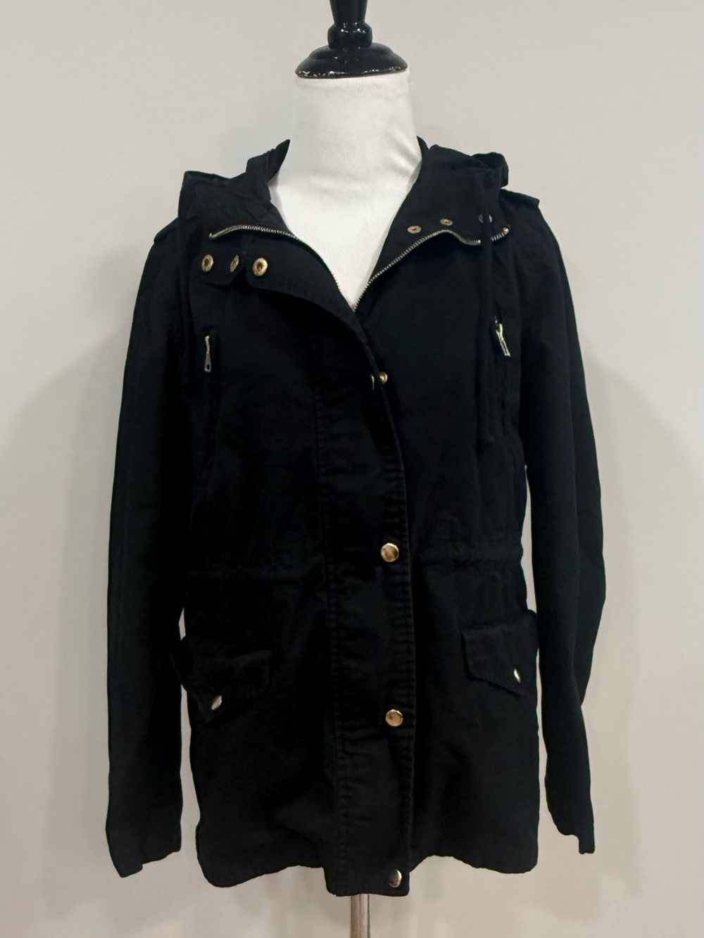 Chocolate USA Women’s Black Hooded Utility Anorak Jacket Medium M Zip Snap Coat